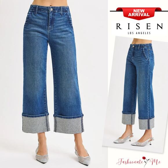 RISEN High Rise Rhine Stone Cuffed Zip Fly Dark Wash Ankle Wide Leg Denim Jeans - Picture 1 of 8